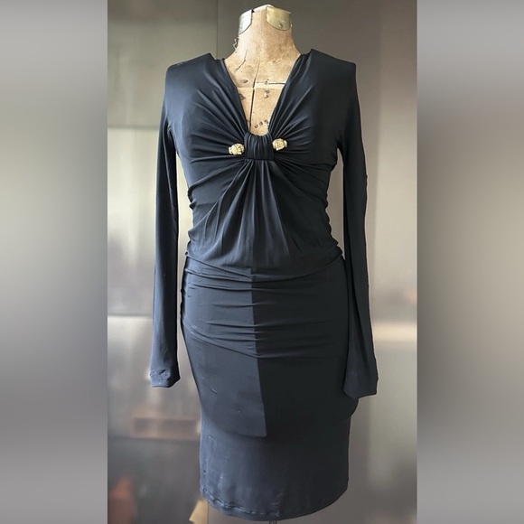 Vintage iconic Roberto Cavalli black ruched stretch dress w/gold panther heads S - Picture 3 of 14